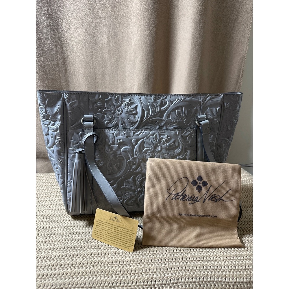 Patricia Nash Grey Floral Embossed Leather Tote Bag Purse with Tassel